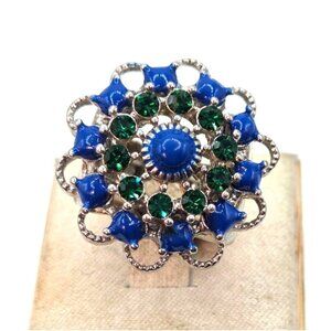 Adjustable Silver Tone Ring With Blue & Green Rhinestones